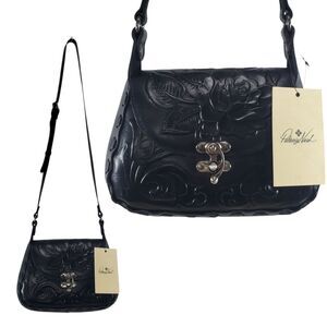 NWT Patricia Nash Rose Tooled Lucia Crossbody Purse Black Leather Silver Bag